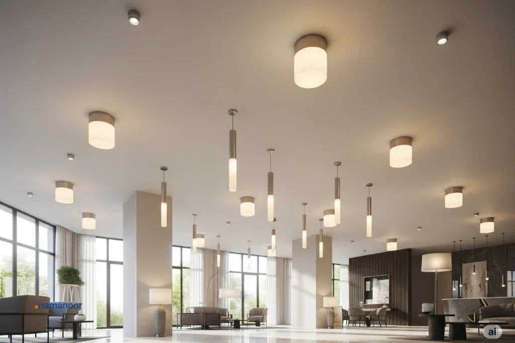 نمای داخلی مدرن، ترکیب چراغ‌های سیلندری روکار و آویز، نور گرم-خنثی، عمق میدان متوسط، بدون متن روی تصویر.