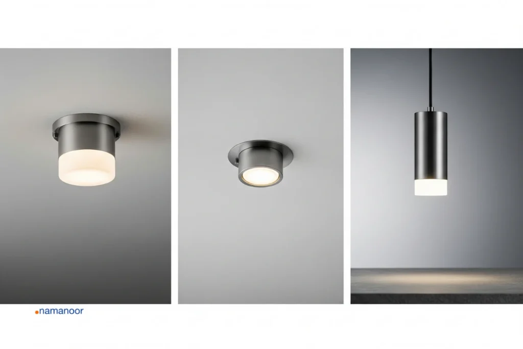 یک تصویر ترکیبی (triptych) یا تقسیم‌شده عمودی با هر پنل یکی از انواع؛ پس‌زمینه یکنواخت و رنگ ملایم.